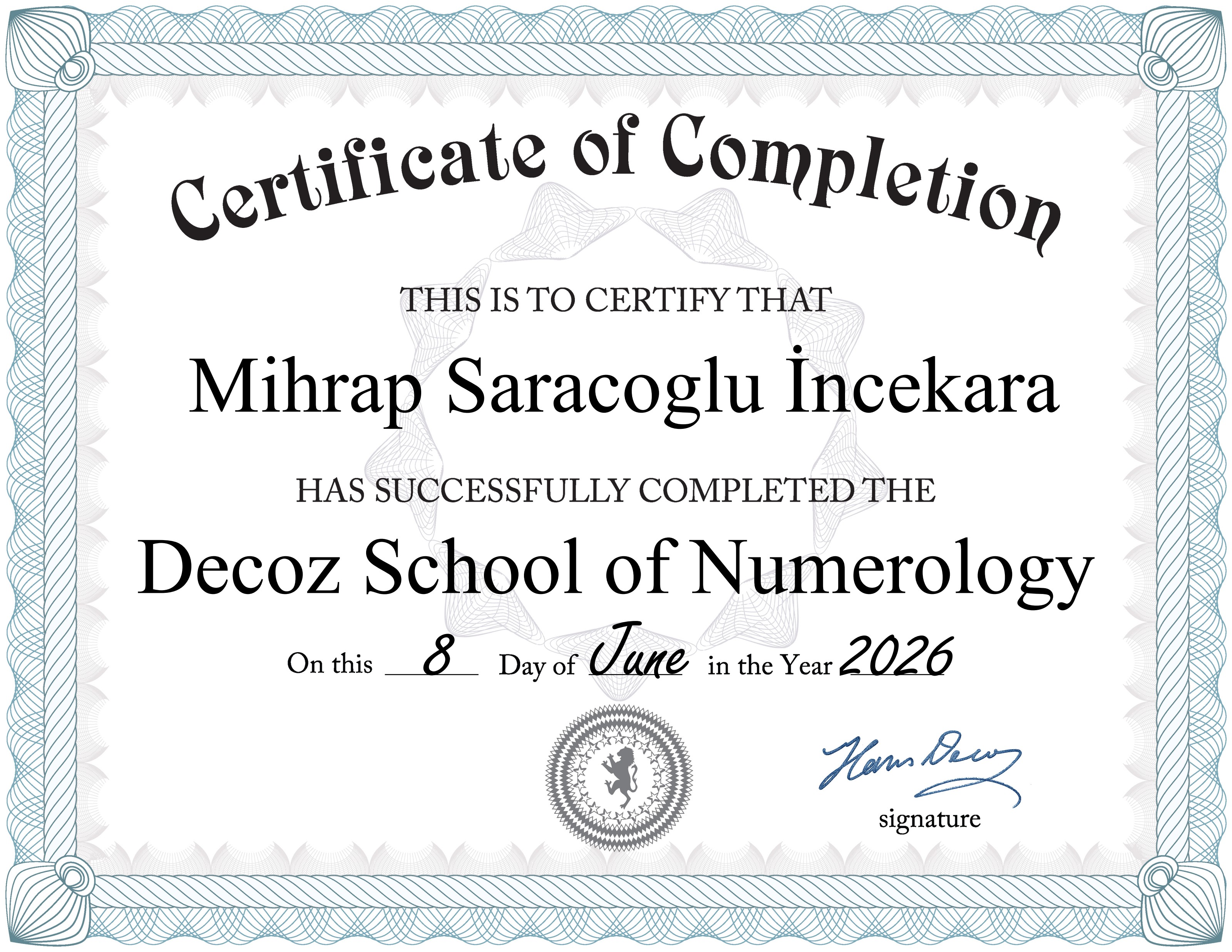 Decoz School of Numerology sertifikası