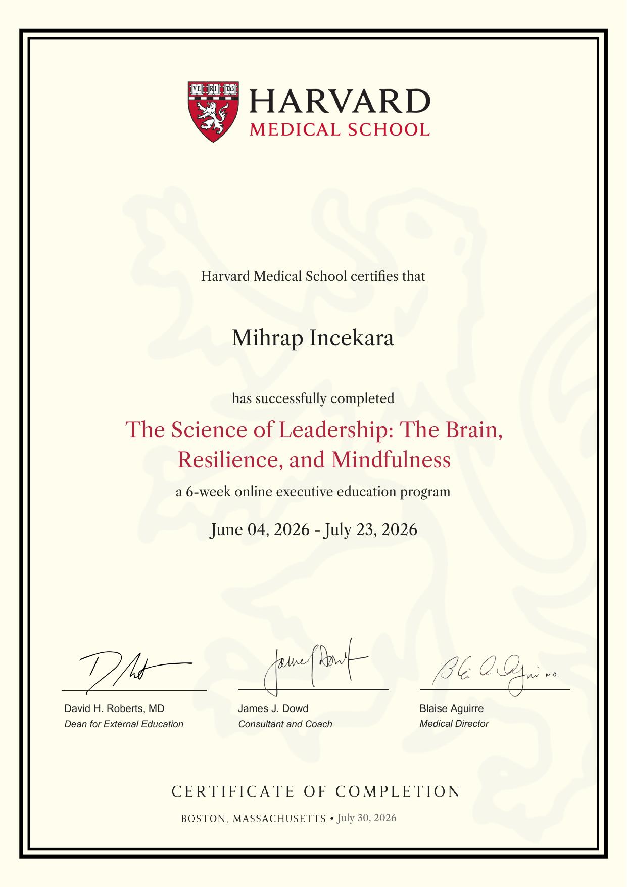 Harvard Medical School sertifikası