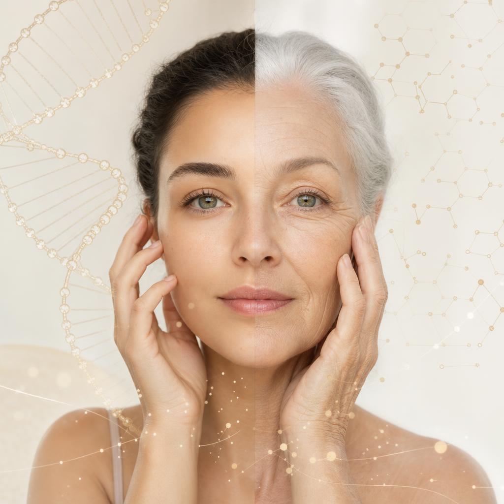 Genç ve yaşlı yüzün birleştiği, DNA ve moleküler desenlerle bezeli longevity portresi